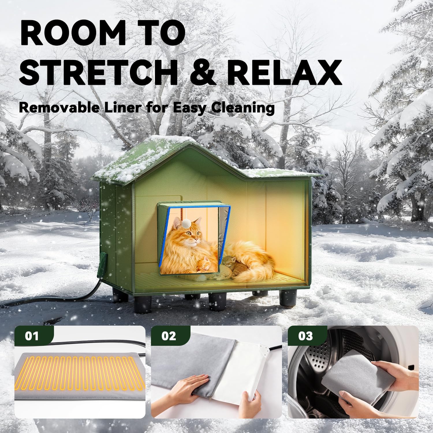 Heated Cat Shelter for Outside, Large Outdoor Cat House with Roof Window and Cozy Cushion, Weatherproof Foldable and Easy Assembly Design