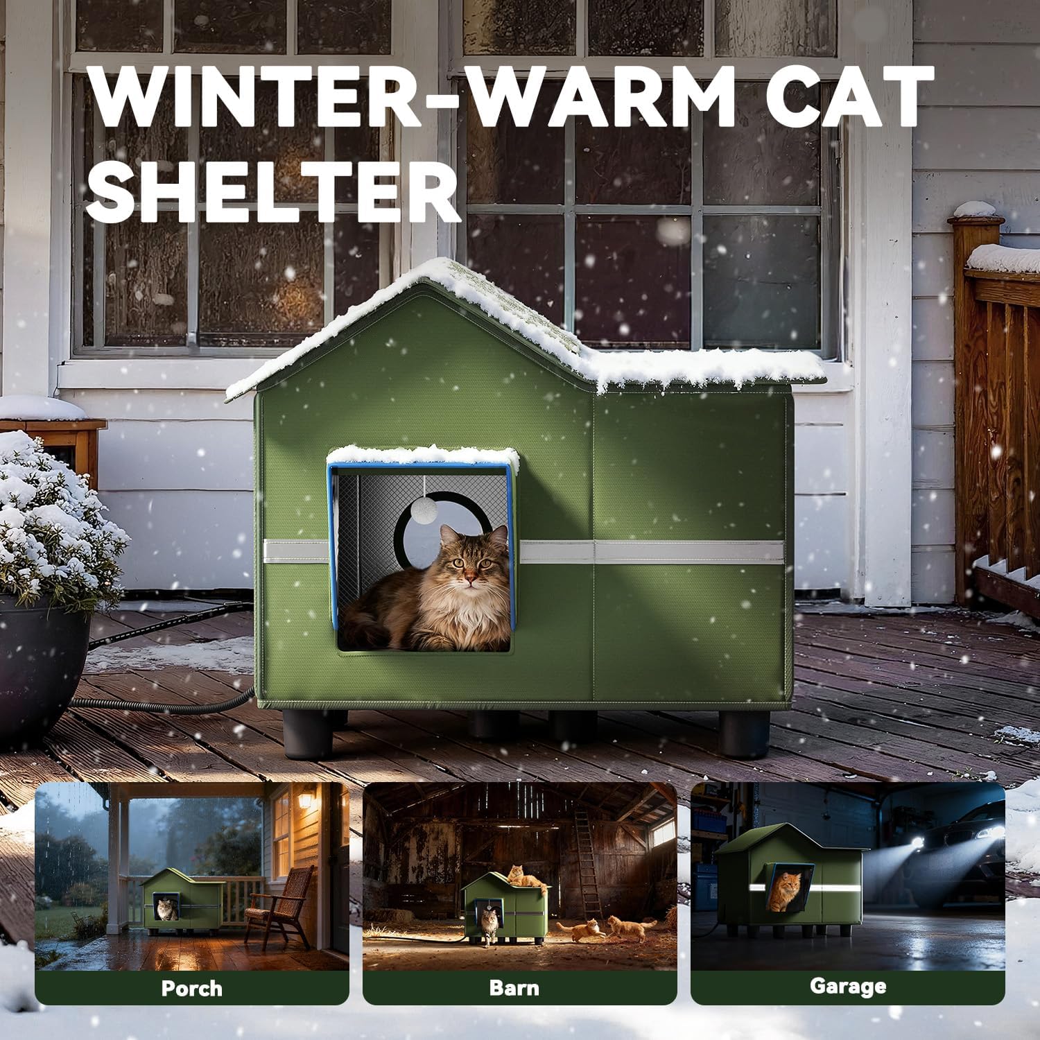 Heated Cat Shelter for Outside, Large Outdoor Cat House with Roof Window and Cozy Cushion, Weatherproof Foldable and Easy Assembly Design