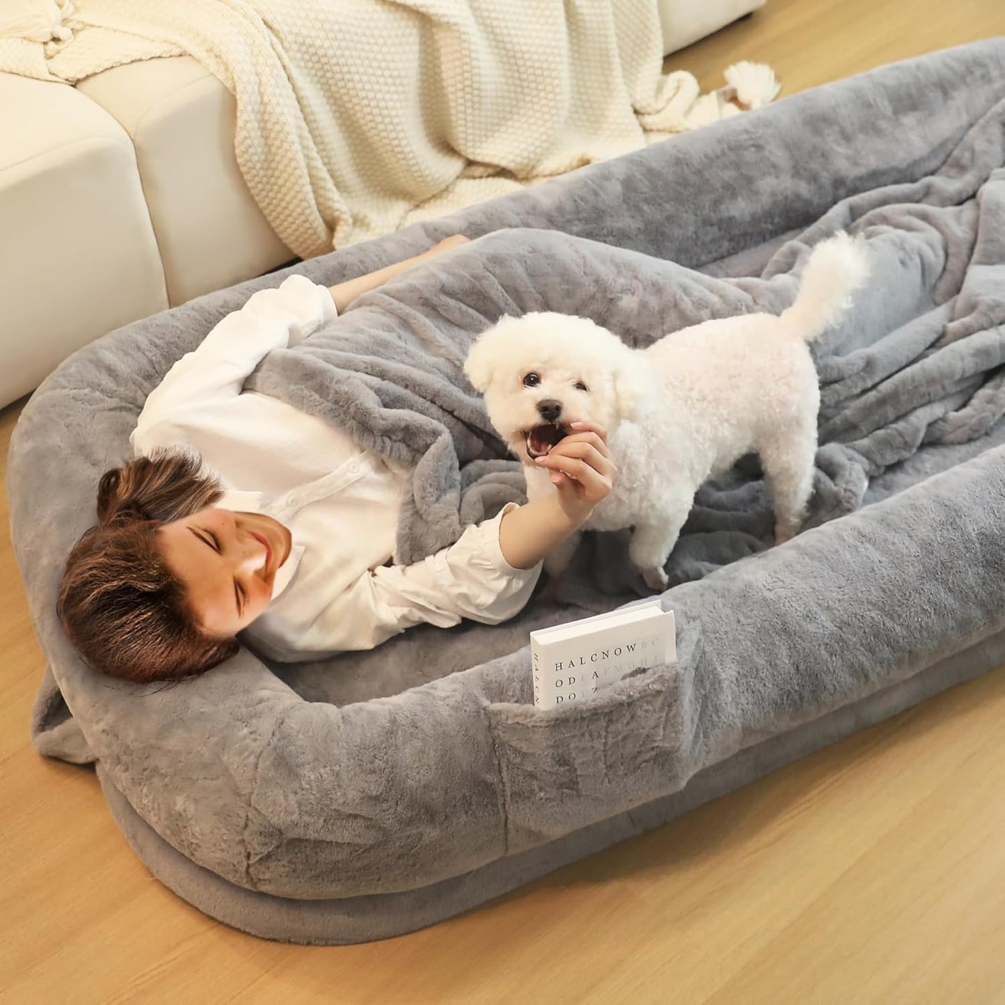 Human Dog Bed for Adults, 43 X 10 X 71 Long Human Size Dog Bed, Removable Cover, Washable, Waterproof, Orthopedic Design [Light Grey]