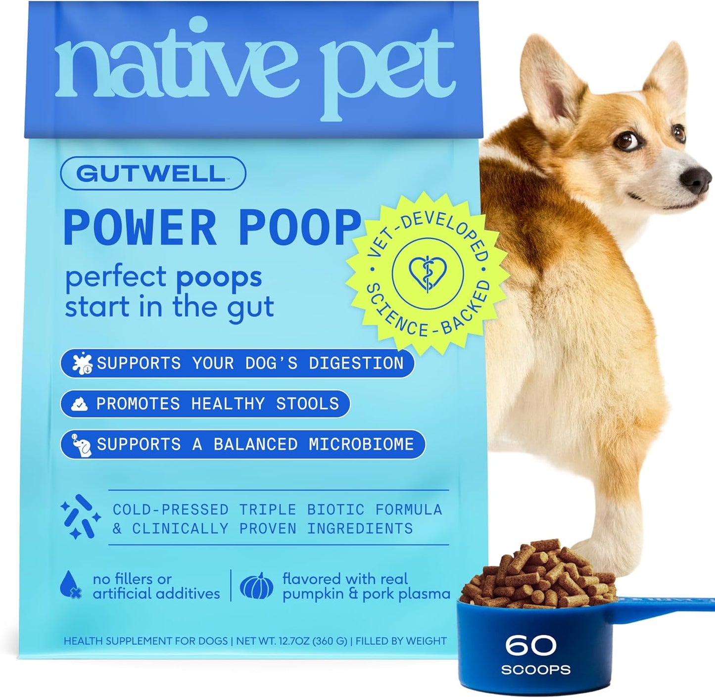 Gutwell Power Poop - Digestive Enzymes & Fiber for Dogs - Dog Fiber Supplements Help with Diarrhea Relief, Upset Stomach, Pet Gas & Gut Health with Targeted Triple-Biotic Blend & M-Fiber - 60 Scoops