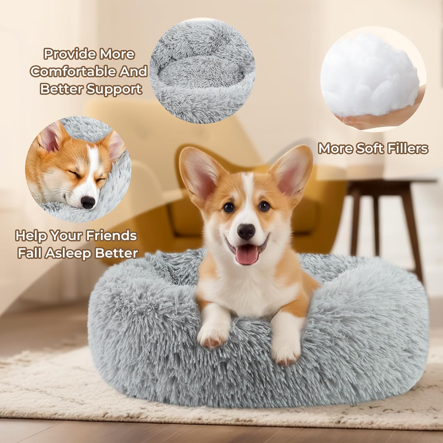 Calming Anti-Anxiety Donuts Dog and Cat Bed, round Fluffy Soft Washable Small Medium Pet Bed for Puppy and Kitten, Cuddler Warming Comfortable Cushion, Luxury Anti-Slip Waterproof Base 20In Gray