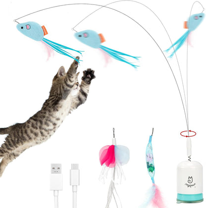 Interactive Automatic Cat Teaser Wand Toy with Strong Suction Cup, 70Cm Flexible Wire & DIY Bending Design, Rechargeable Cat Exercise Toy with Auto Timer for Indoor Cats(Blue)