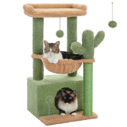 33" Cute Cactus Cat Tree with Scratching Post, Perch, & Hammock