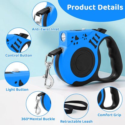 Retractable Dog Leash with USB Rechargeable Flashlight for Night Walks, 16FT Automatic Telescopic Tractor Dog Leash for Small and Medium Dogs, Blue