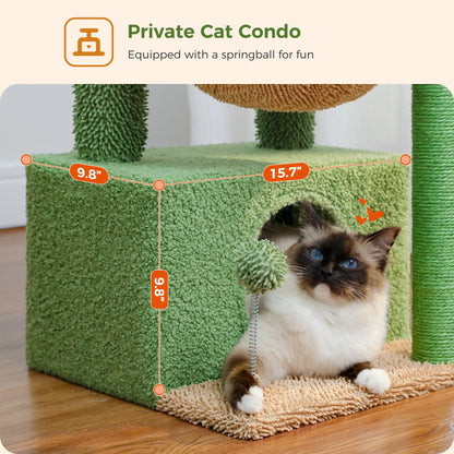 33" Cute Cactus Cat Tree with Scratching Post, Perch, & Hammock