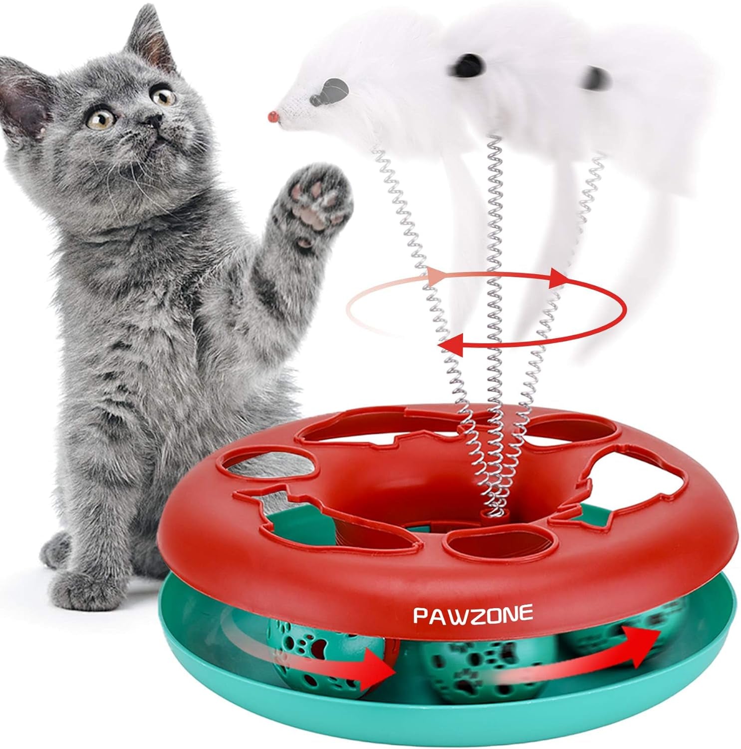 Cat Toys, Cat Toys for Indoor Cats,Interactive Kitten Toys Roller Tracks with Catnip Spring Pet Toy with Exercise Balls Teaser Mouse (Red)