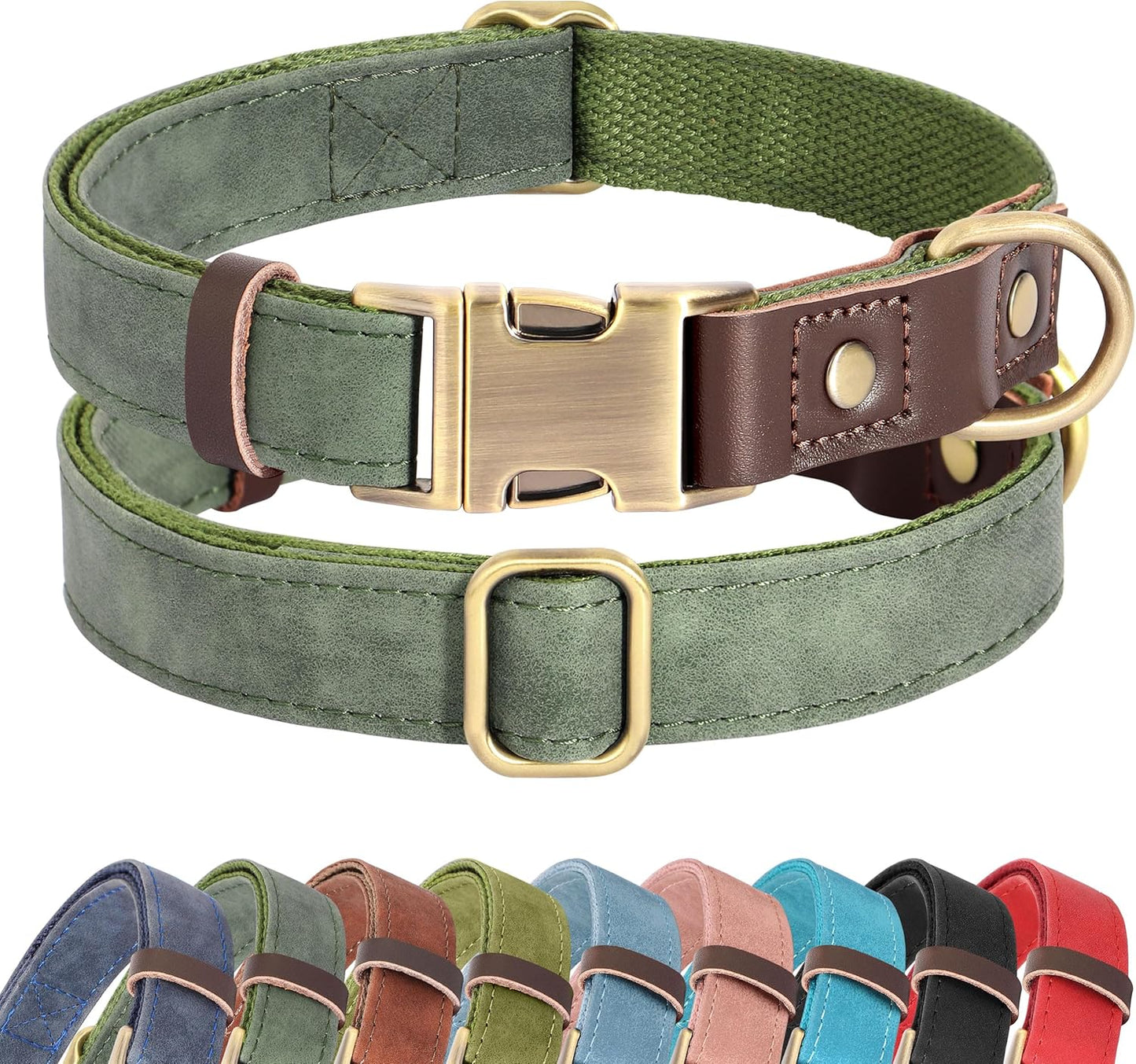 Soft PU Leather Dog Collars for Medium Dogs,Classic Adjustable Dog Collars with Quick Release Metal Buckle,Easy Clean and Comfortable with Nylon Lining,Green,M Neck 13-19"