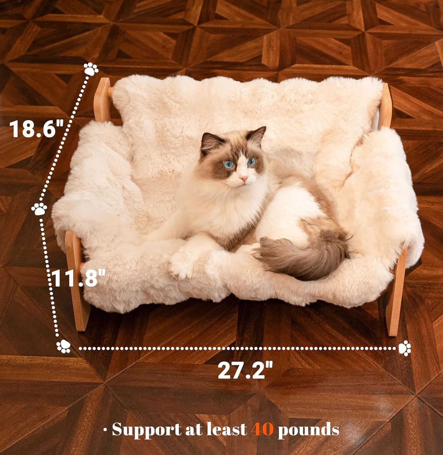 Elevated Cat Couch Bed for Indoor Cats, Wooden Cat Sofa with Removable Washable Fluffy Cover(Off-White)