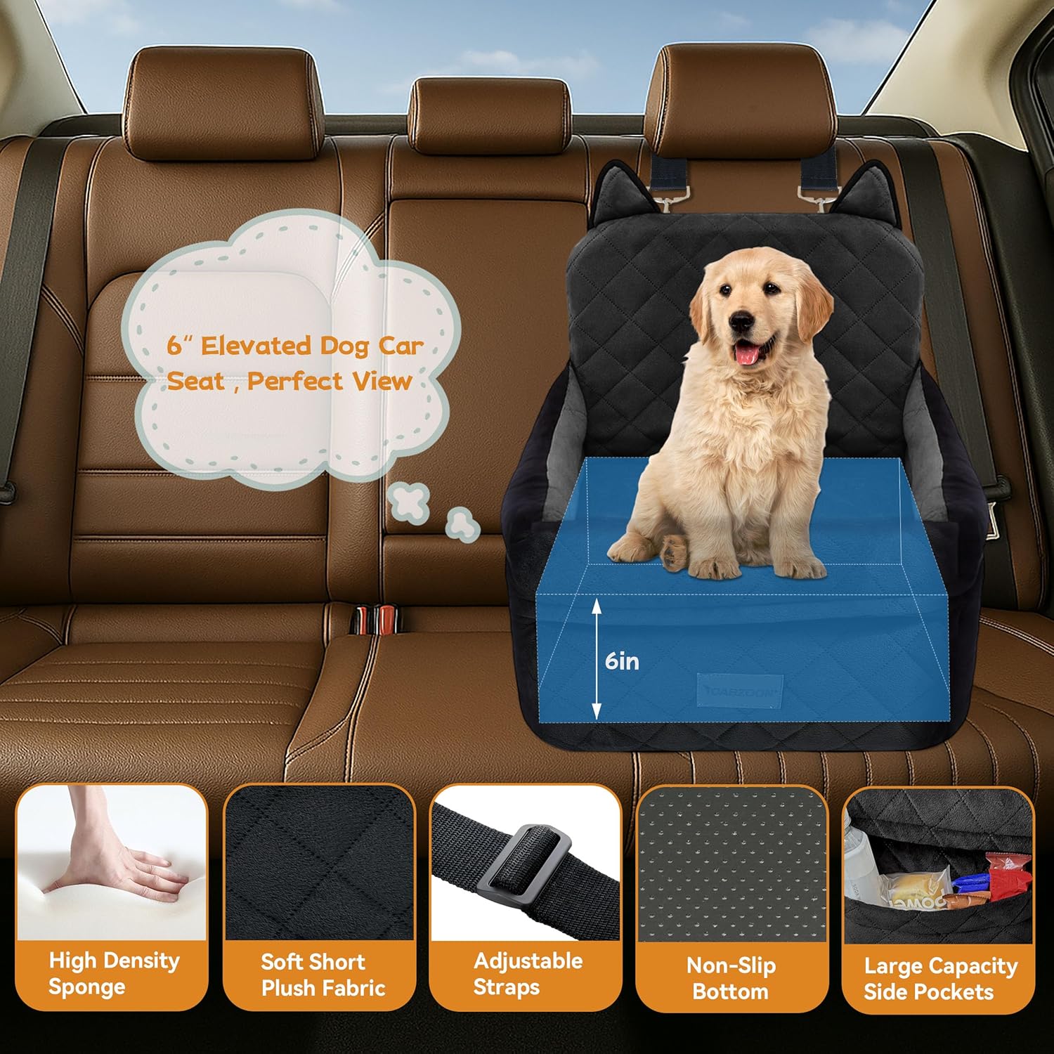 Dog Car Seat for Small/Medium Dogs up to 35Lbs,Elevated Cushion Fits in Front/Back Seat
