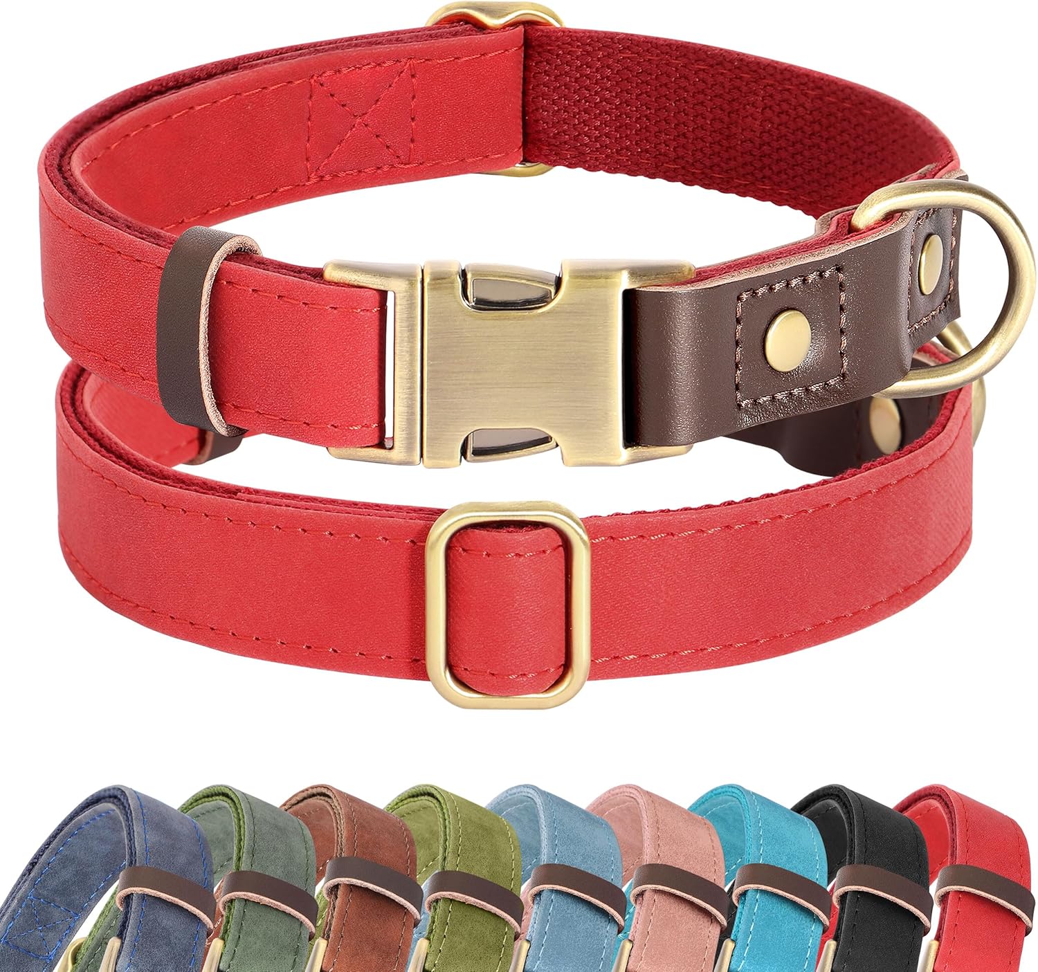 Soft PU Leather Dog Collars for Medium Dogs,Classic Adjustable Dog Collars with Quick Release Metal Buckle,Easy Clean and Comfortable with Nylon Lining,Green,M Neck 13-19"