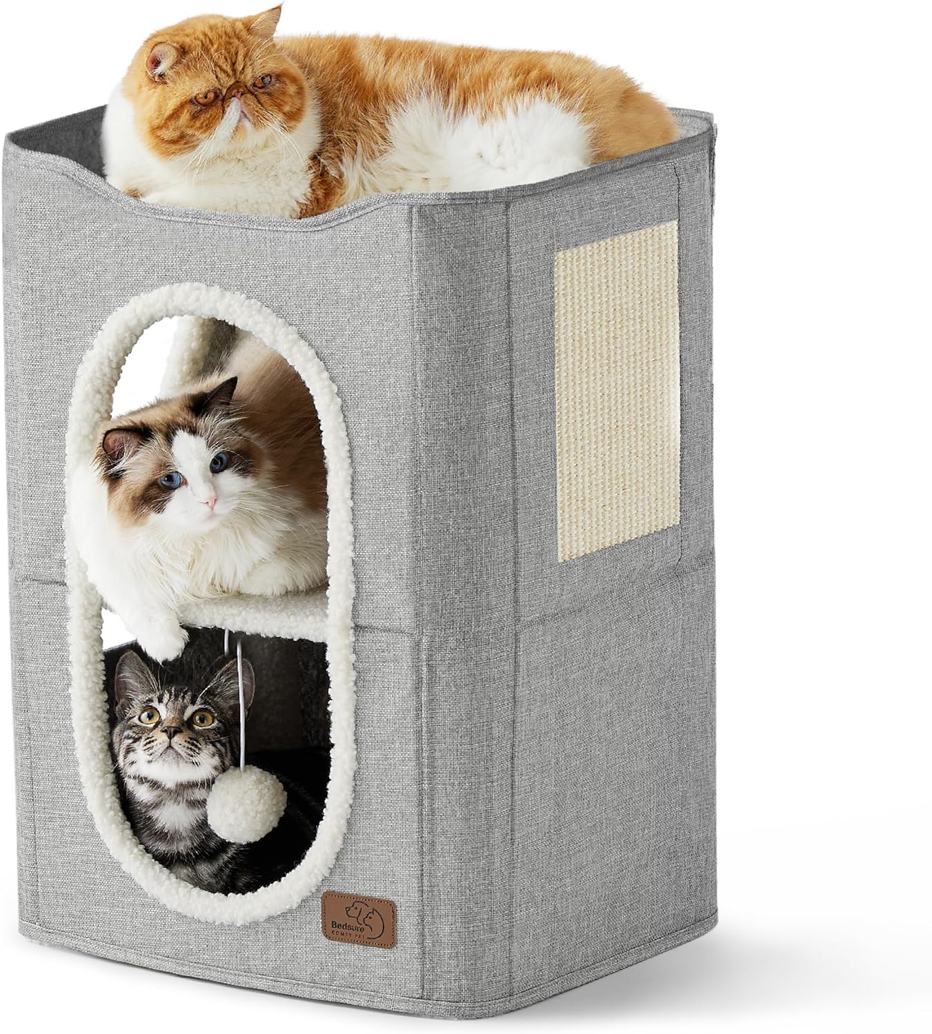 Bedsure Cat Beds for Indoor Cats - Large Cat Cave for Pet Cat House with Fluffy Ball Hanging and Scratch Pad, Foldable Cat Hideaway, 16.5X16.5X13 Inches, Grey