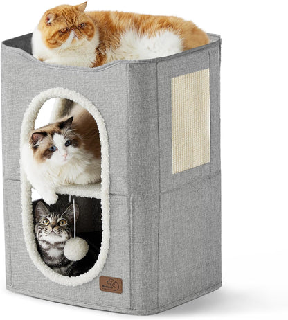Bedsure Cat Beds for Indoor Cats - Large Cat Cave for Pet Cat House with Fluffy Ball Hanging and Scratch Pad, Foldable Cat Hideaway, 16.5X16.5X13 Inches, Grey
