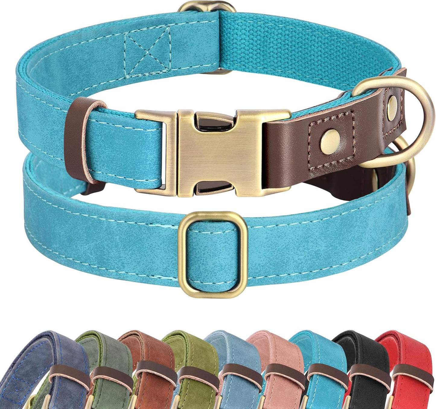 Soft PU Leather Dog Collars for Medium Dogs,Classic Adjustable Dog Collars with Quick Release Metal Buckle,Easy Clean and Comfortable with Nylon Lining,Green,M Neck 13-19"