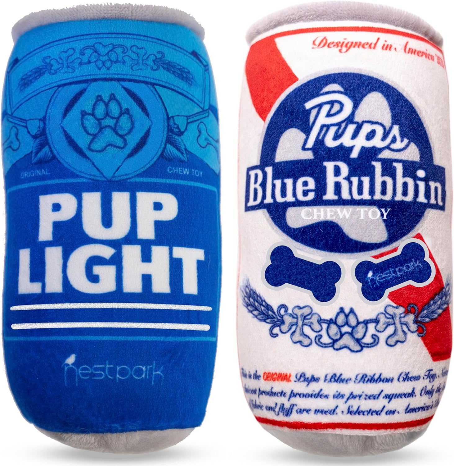 Pup Light and Pups Blue Rubbin - Parody Beer Dog Toys - Funny Plush Squeaky and Crinkle Dog Toys (2 Pack) 
