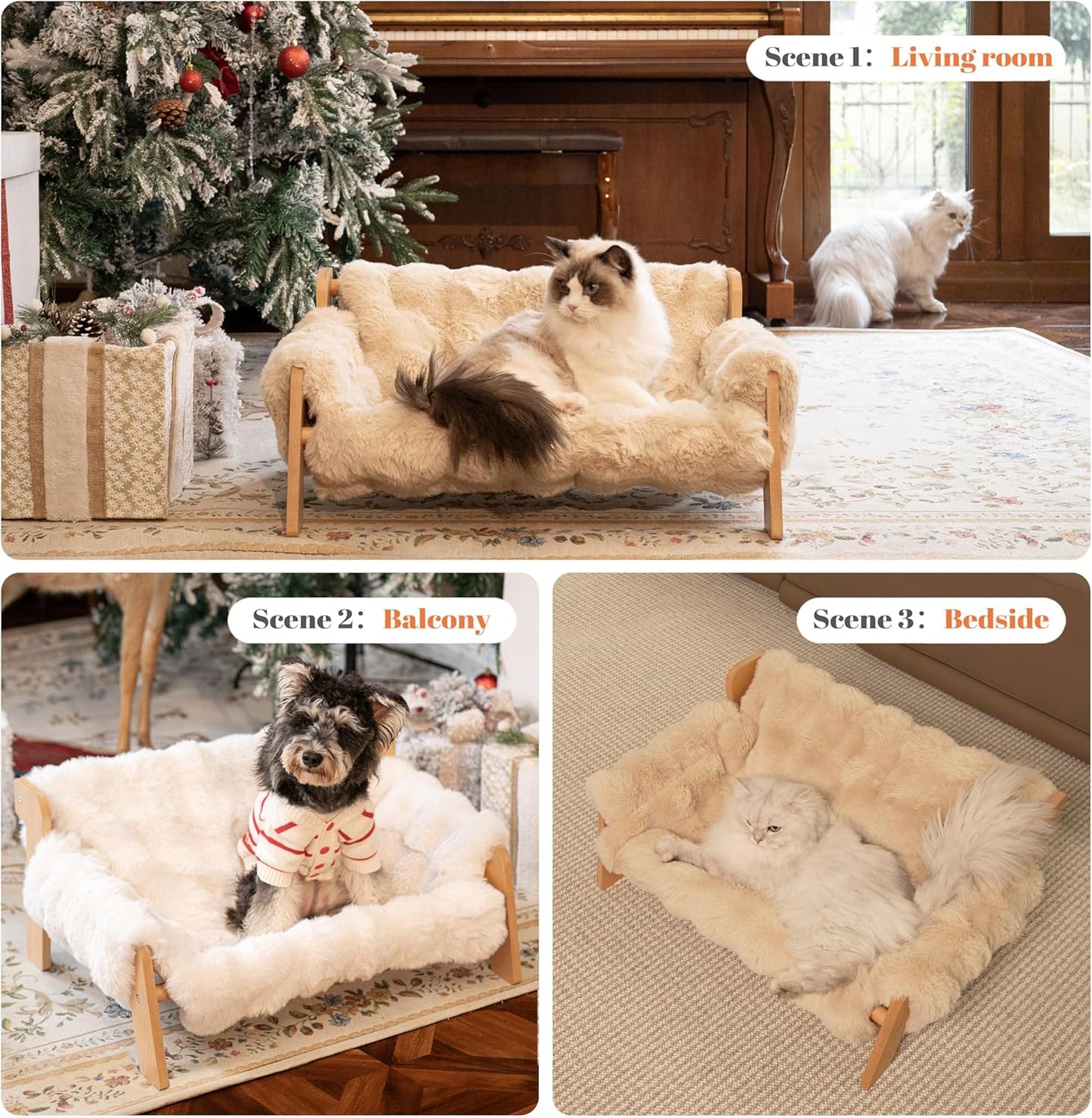Elevated Cat Couch Bed for Indoor Cats, Wooden Cat Sofa with Removable Washable Fluffy Cover(Off-White)