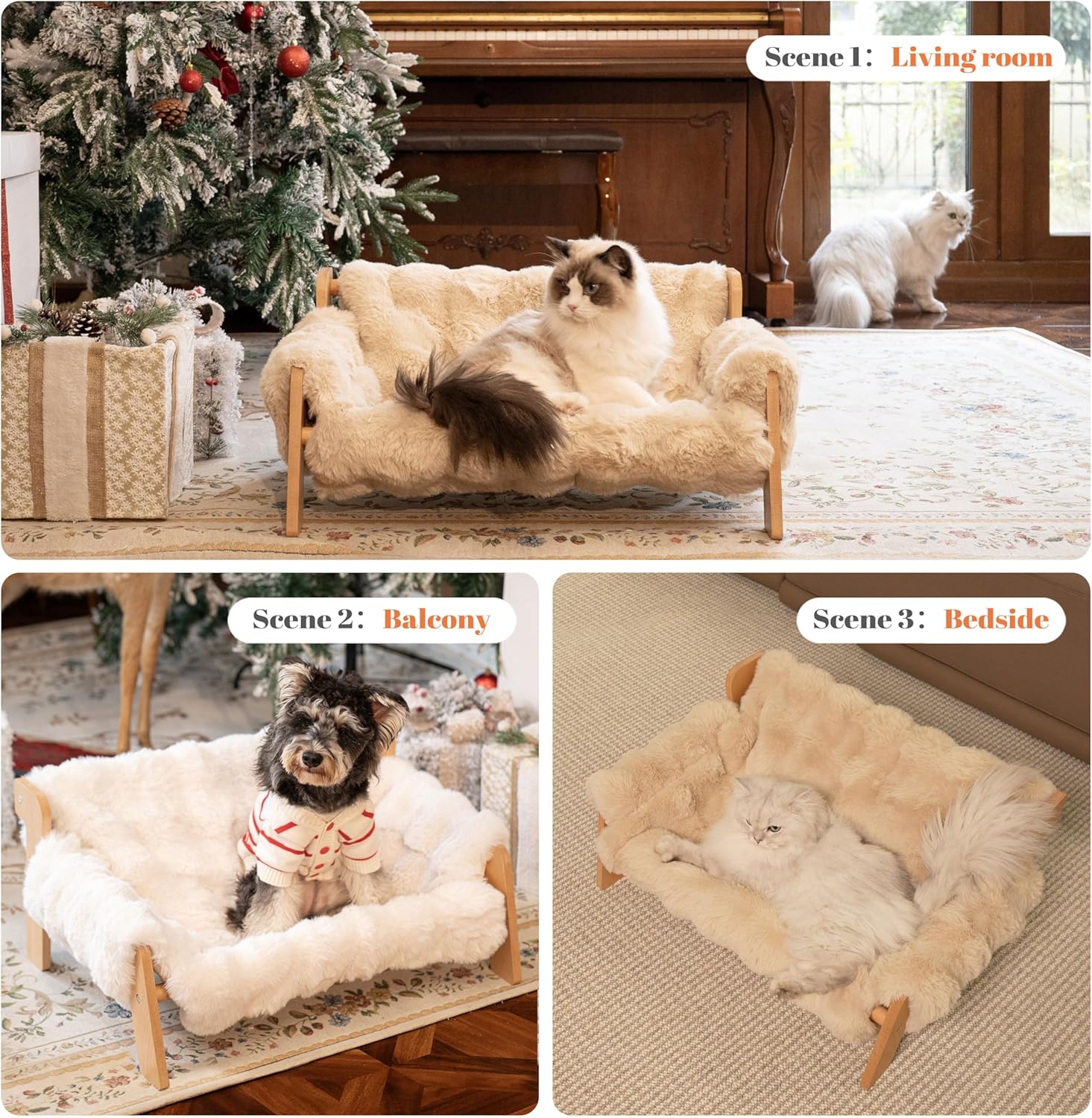 Elevated Cat Couch Bed for Indoor Cats, Wooden Cat Sofa with Removable Washable Fluffy Cover(Off-White)