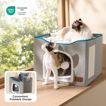 Bedsure Cat Beds for Indoor Cats - Large Cat Cave for Pet Cat House with Fluffy Ball Hanging and Scratch Pad, Foldable Cat Hideaway, 16.5X16.5X13 Inches, Grey
