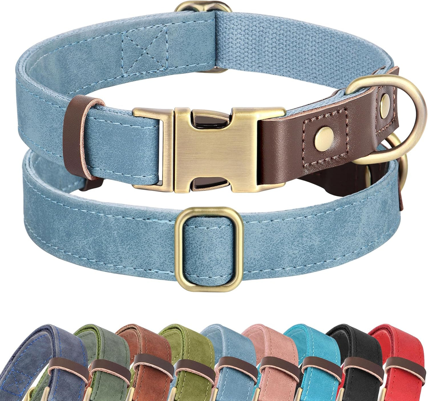 Soft PU Leather Dog Collars for Medium Dogs,Classic Adjustable Dog Collars with Quick Release Metal Buckle,Easy Clean and Comfortable with Nylon Lining,Green,M Neck 13-19"