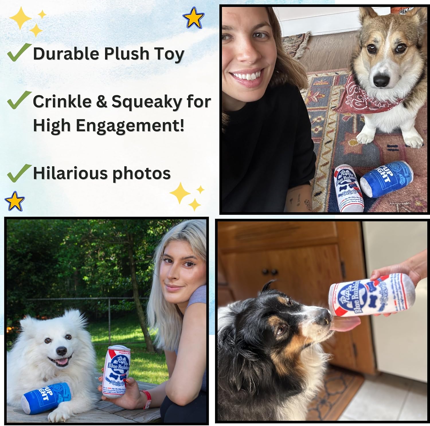 Pup Light and Pups Blue Rubbin - Parody Beer Dog Toys - Funny Plush Squeaky and Crinkle Dog Toys (2 Pack) 