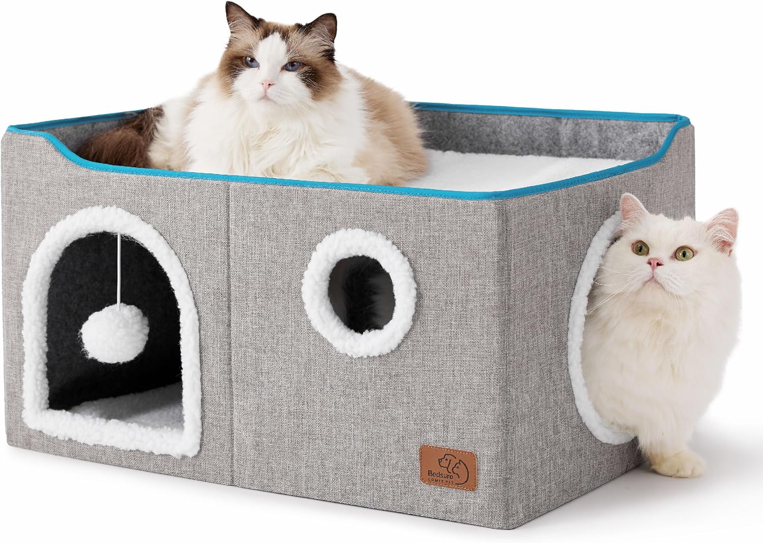 Bedsure Cat Beds for Indoor Cats - Large Cat Cave for Pet Cat House with Fluffy Ball Hanging and Scratch Pad, Foldable Cat Hideaway, 16.5X16.5X13 Inches, Grey