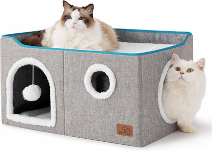 Bedsure Cat Beds for Indoor Cats - Large Cat Cave for Pet Cat House with Fluffy Ball Hanging and Scratch Pad, Foldable Cat Hideaway, 16.5X16.5X13 Inches, Grey