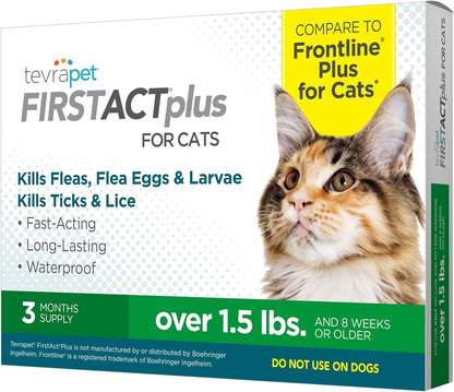 First Act Plus Flea and Tick Topical for Cats over 1.5Lbs, 3 Dose Waterproof Flea and Tick Control/Prevention for 3 Months