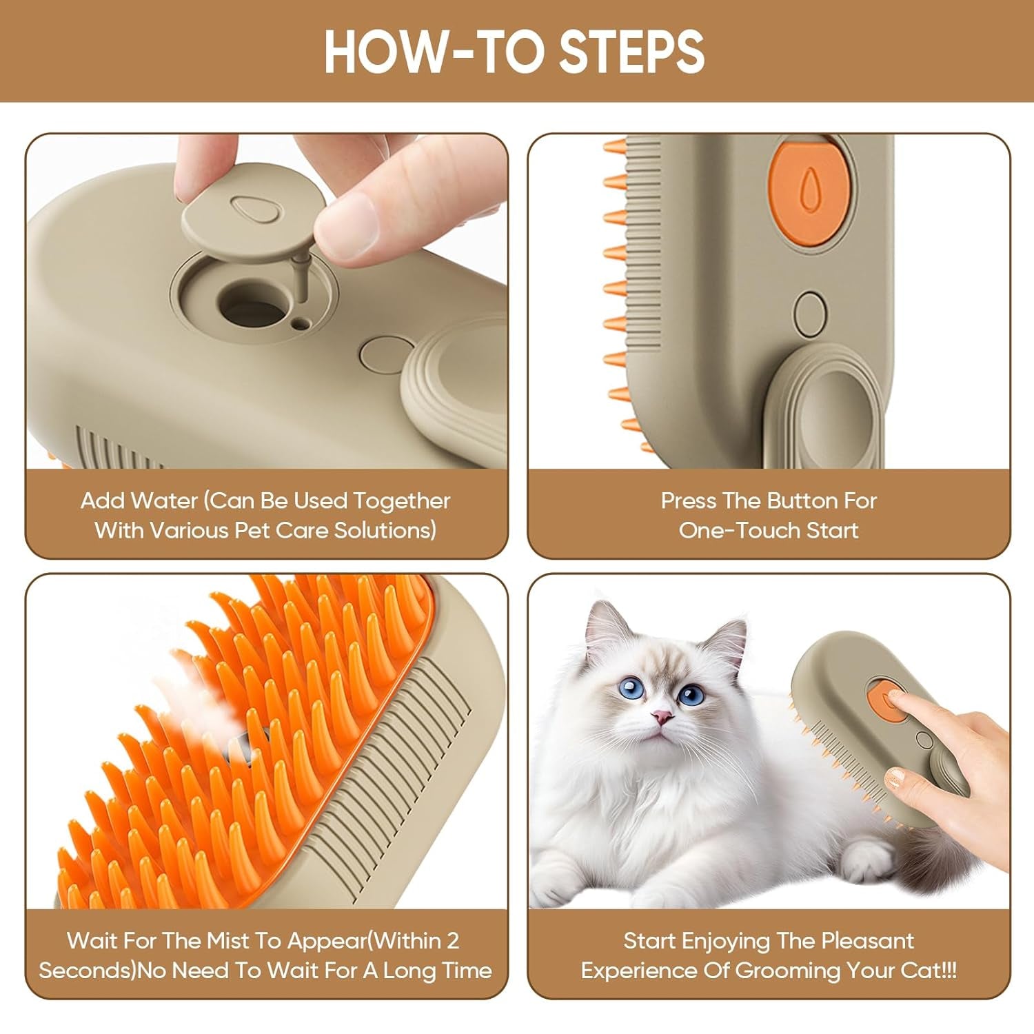 4-in-1 Cat Steam Brush – Self-Cleaning Pet Comb with Steam, Vibration, and Hair Removal for Long & Short Hair Cats and Dogs (Khaki)