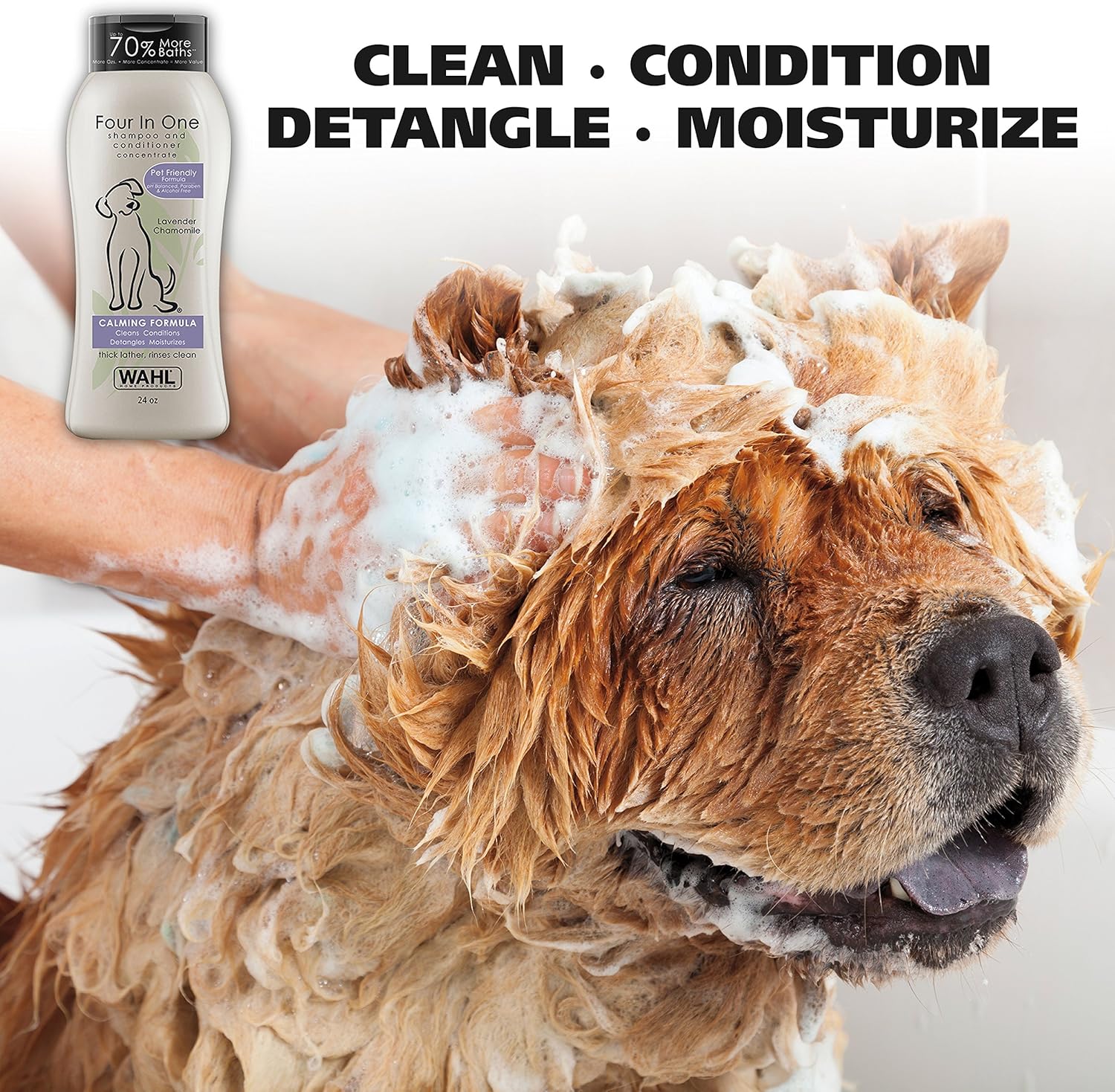 Wahl USA 4-In-1 Calming Dog Shampoo with Lavender Chamomile Scent – Cleans, Conditions, Detangles, & Moisturizes - Pet Friendly Formula - 24 Oz - Model 820000A