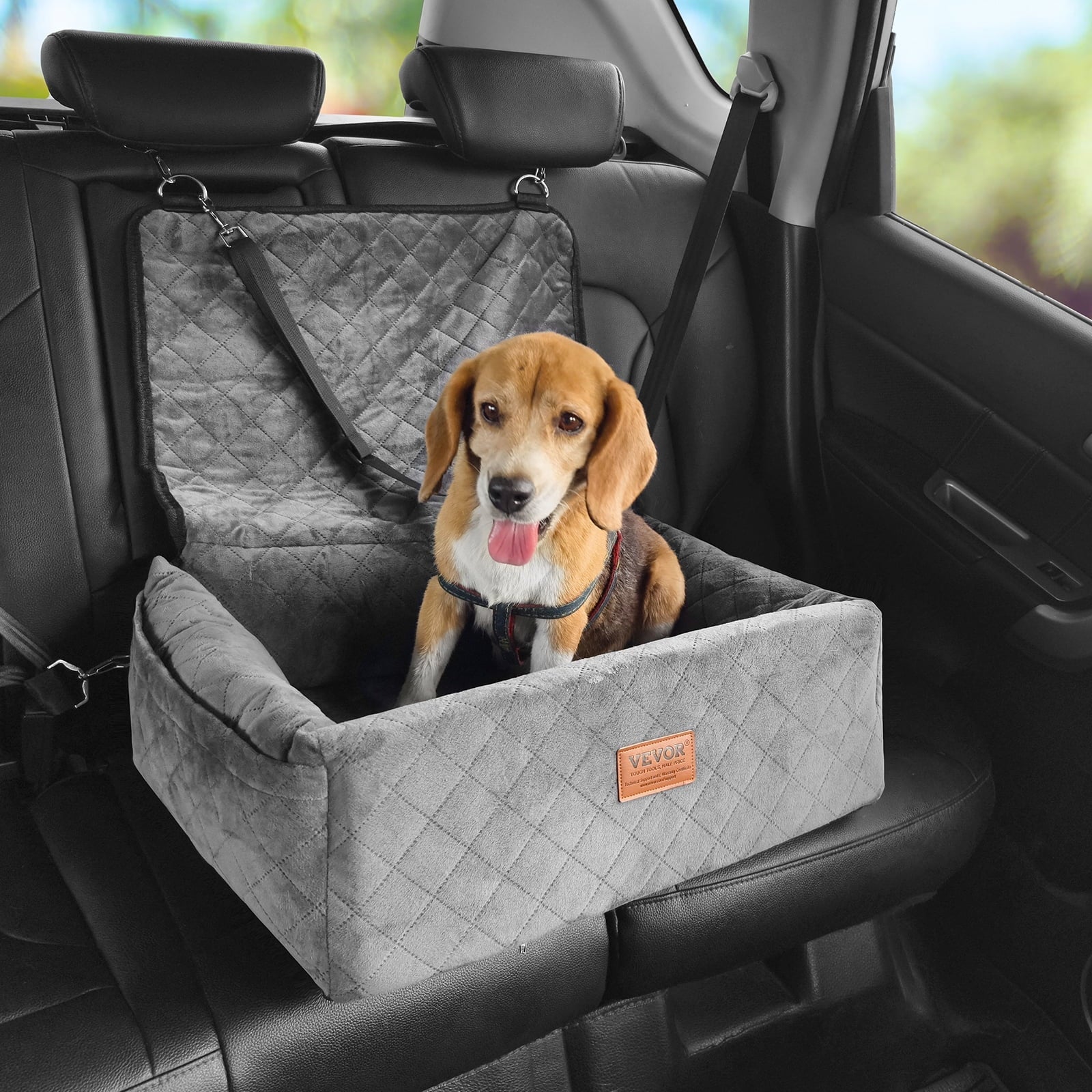 Dog Car Seat, Dog Booster Seat for Car with a Storage Pocket, Clip-On Safety Leash, Sponge and PP Cotton Filling, Dog Car Bed for Small & Medium Dog up to 40Lbs, Gray