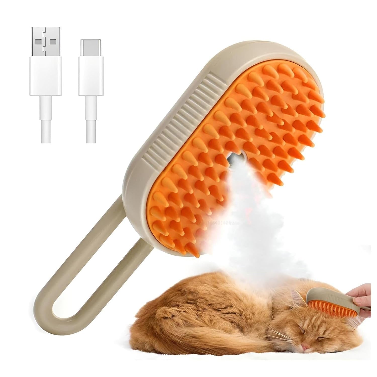 4-in-1 Cat Steam Brush – Self-Cleaning Pet Comb with Steam, Vibration, and Hair Removal for Long & Short Hair Cats and Dogs (Khaki)