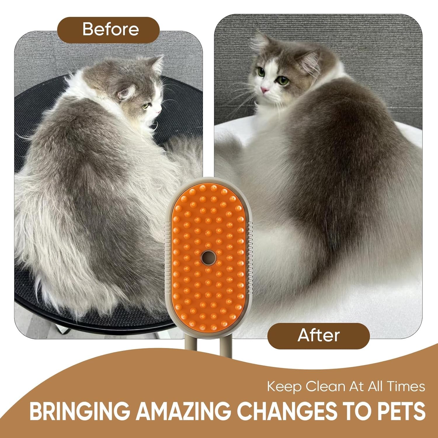 4-in-1 Cat Steam Brush – Self-Cleaning Pet Comb with Steam, Vibration, and Hair Removal for Long & Short Hair Cats and Dogs (Khaki)