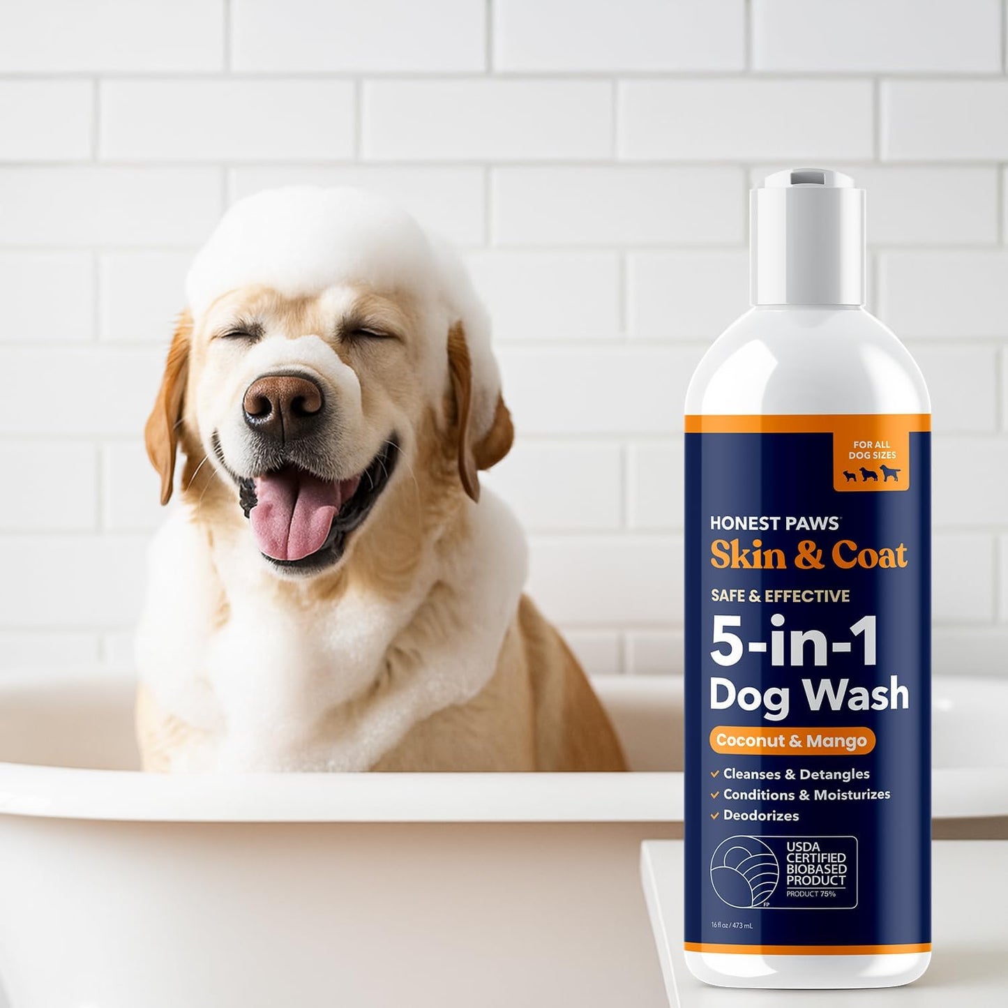 Honest Paws Dog Shampoo and Conditioner - Premium Dog Wash for Allergies and Dry, Itchy, Moisturizing for Sensitive Skin - Sulfate Free, Plant Based, All Natural - Coconut & Mango -16 Fl Oz