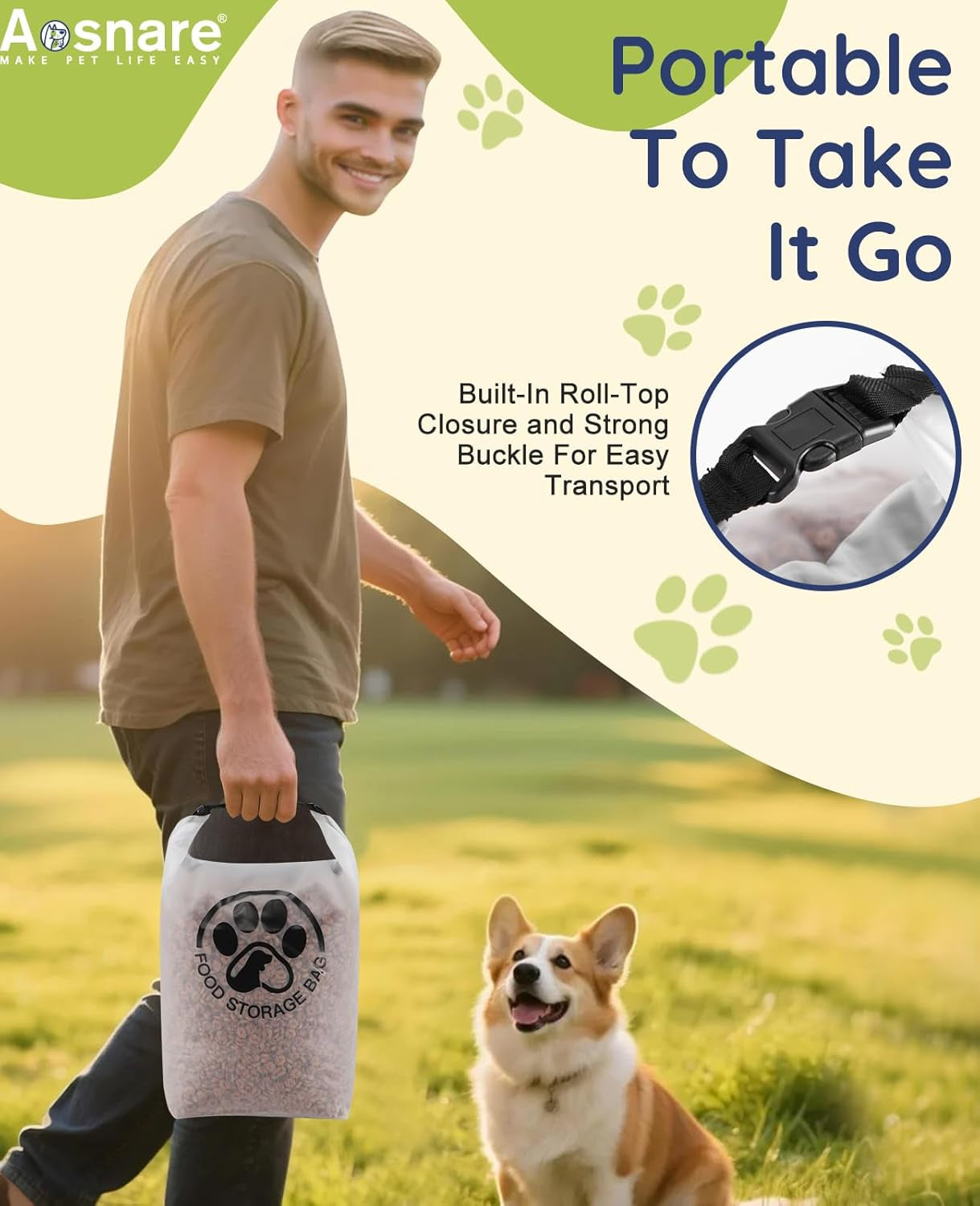 Pet Food Storage Bag for Travel - Transparent Leak-Proof Dog Food Container with Roll-Top Closure, Keeps Kibble Fresh (14 Cups)