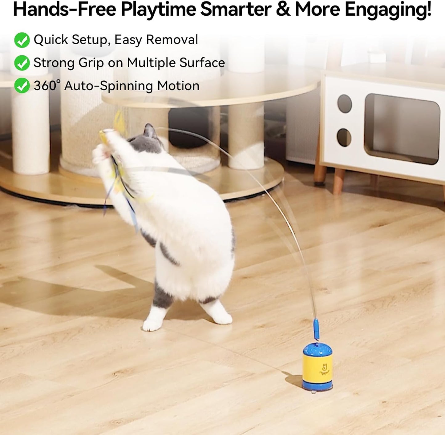 Interactive Automatic Cat Teaser Wand Toy with Strong Suction Cup, 70Cm Flexible Wire & DIY Bending Design, Rechargeable Cat Exercise Toy with Auto Timer for Indoor Cats(Blue)