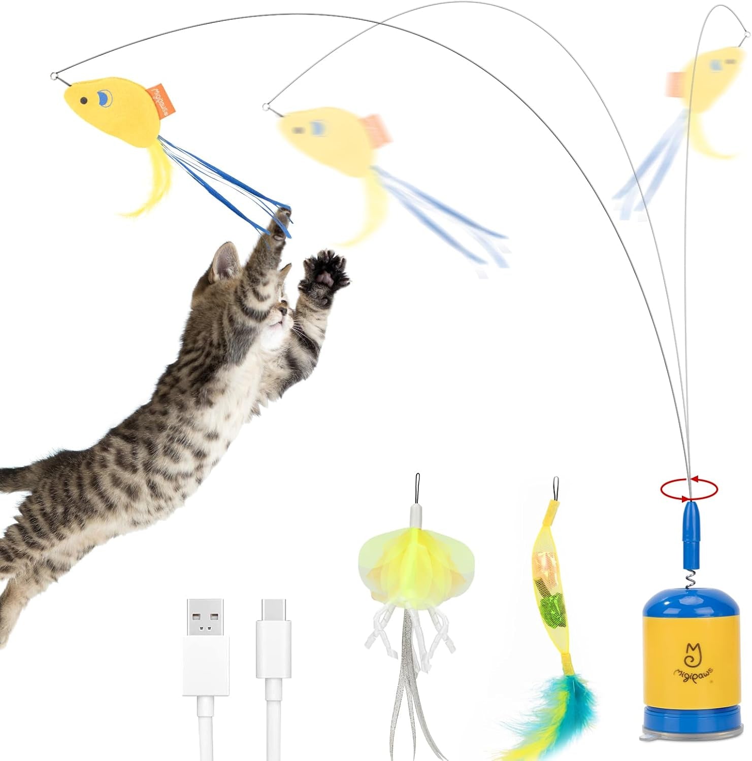 Interactive Automatic Cat Teaser Wand Toy with Strong Suction Cup, 70Cm Flexible Wire & DIY Bending Design, Rechargeable Cat Exercise Toy with Auto Timer for Indoor Cats(Blue)