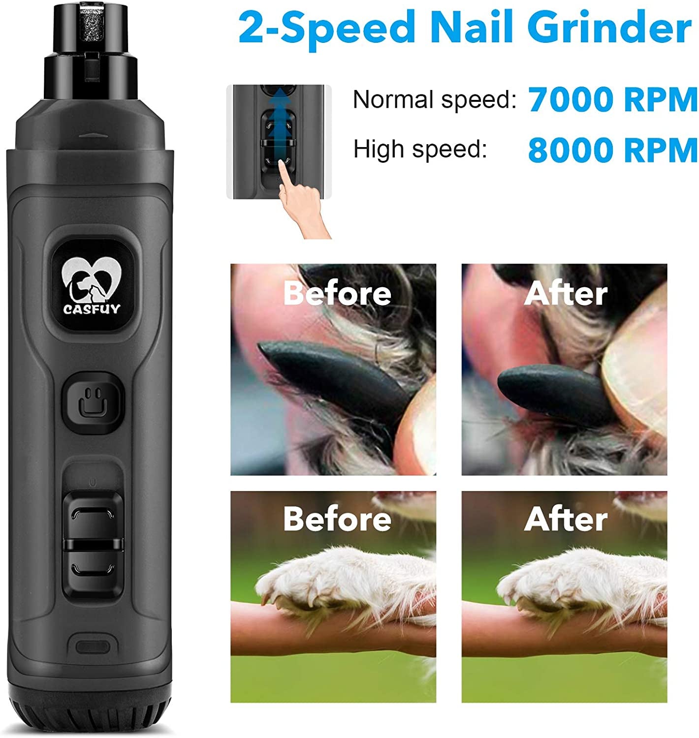 Dog Nail Grinder with 2 LED Light - 2-Speed Powerful Electric Pet Nail Trimmer Professional Quiet Painless Paws Grooming for Small Medium Large Dogs and Cats (Grey)