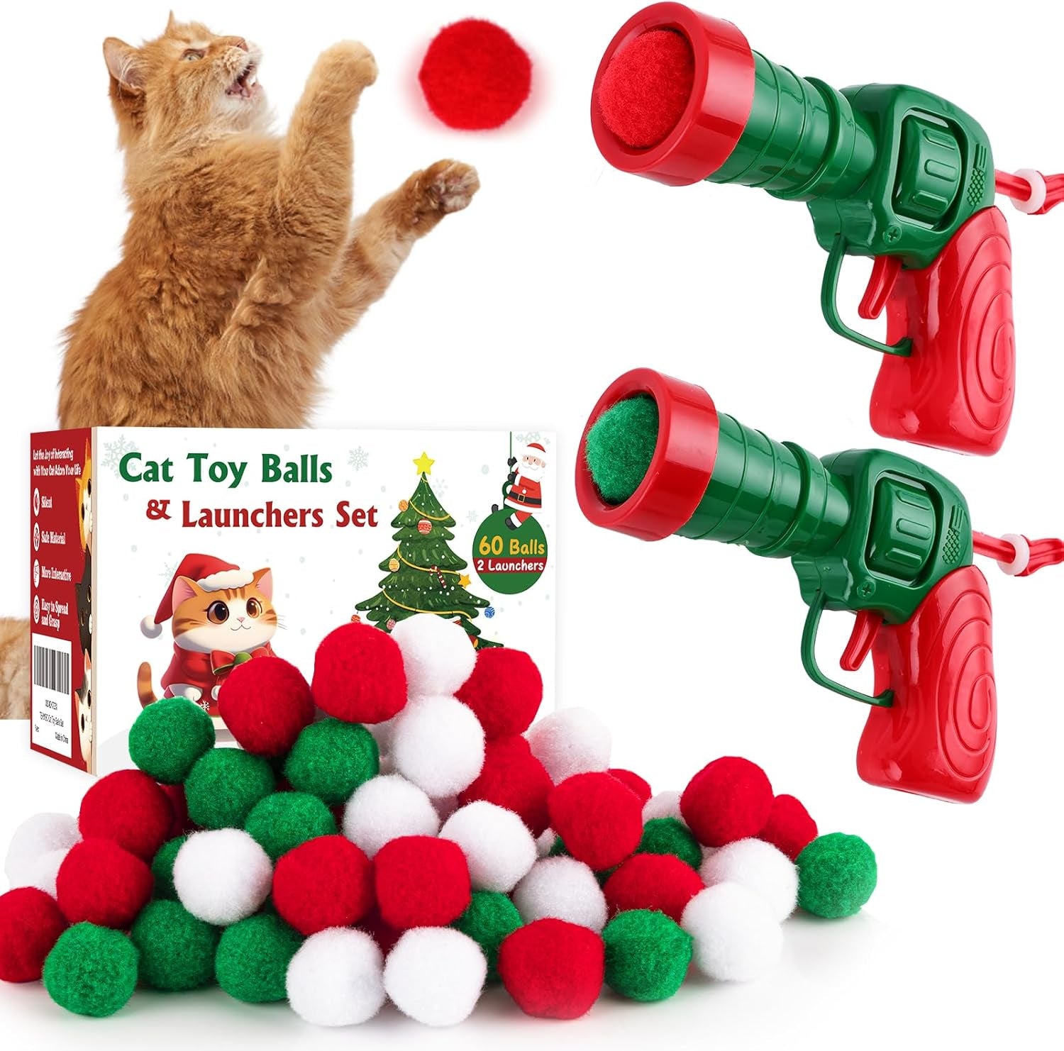 Cat Toy Balls with Launchers Set (2+60), 60 Pom Pom Balls & 2 Ball Launchers, Cat Enrichment Toys, Interactive Cat Toy, Soft & Safe Cat Toys, for Cat